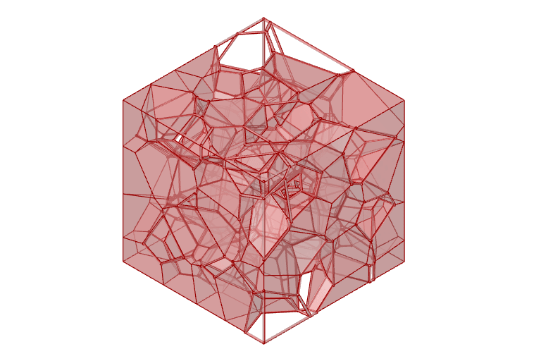 Animated generated design: a hexagonal volume of pink cells, solids and voids shifting