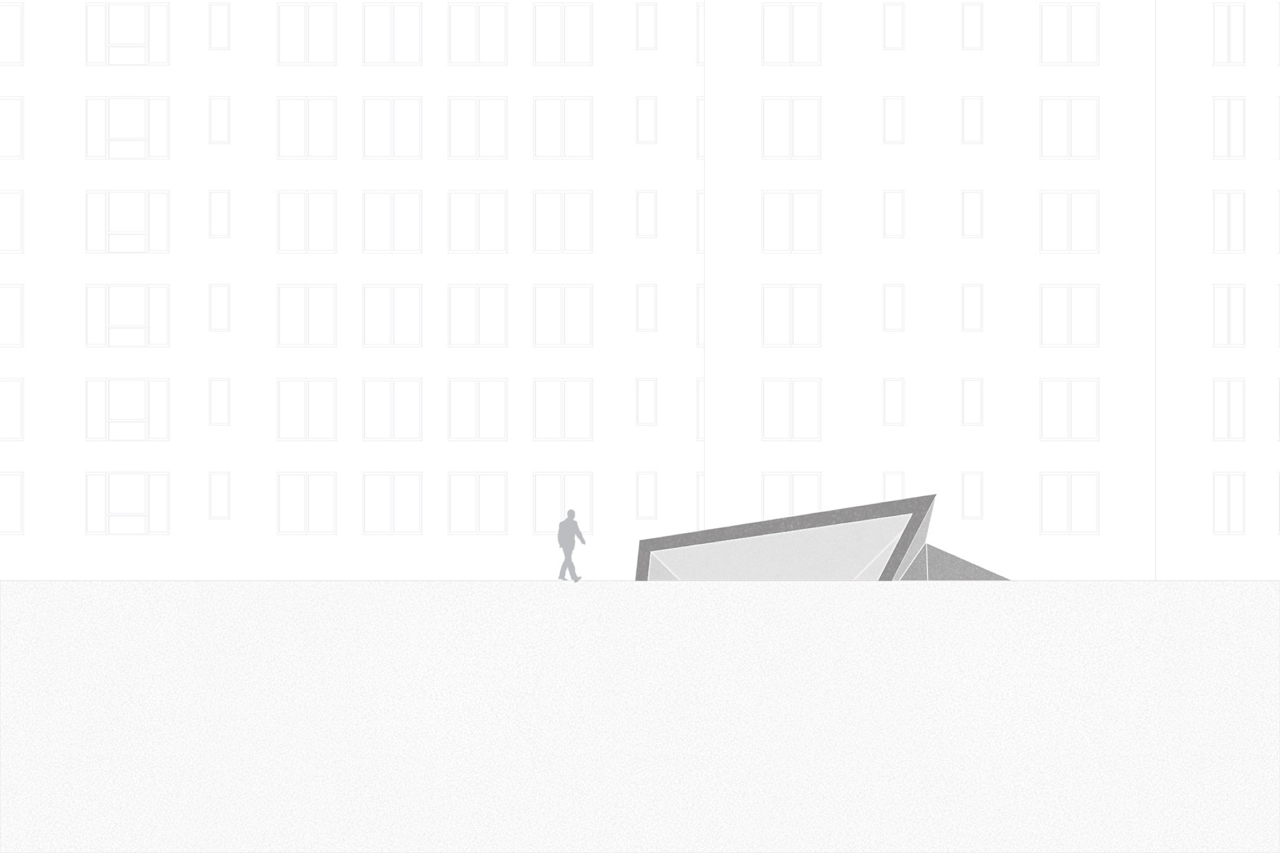Street elevation: the entrance barely rises above the sidewalk