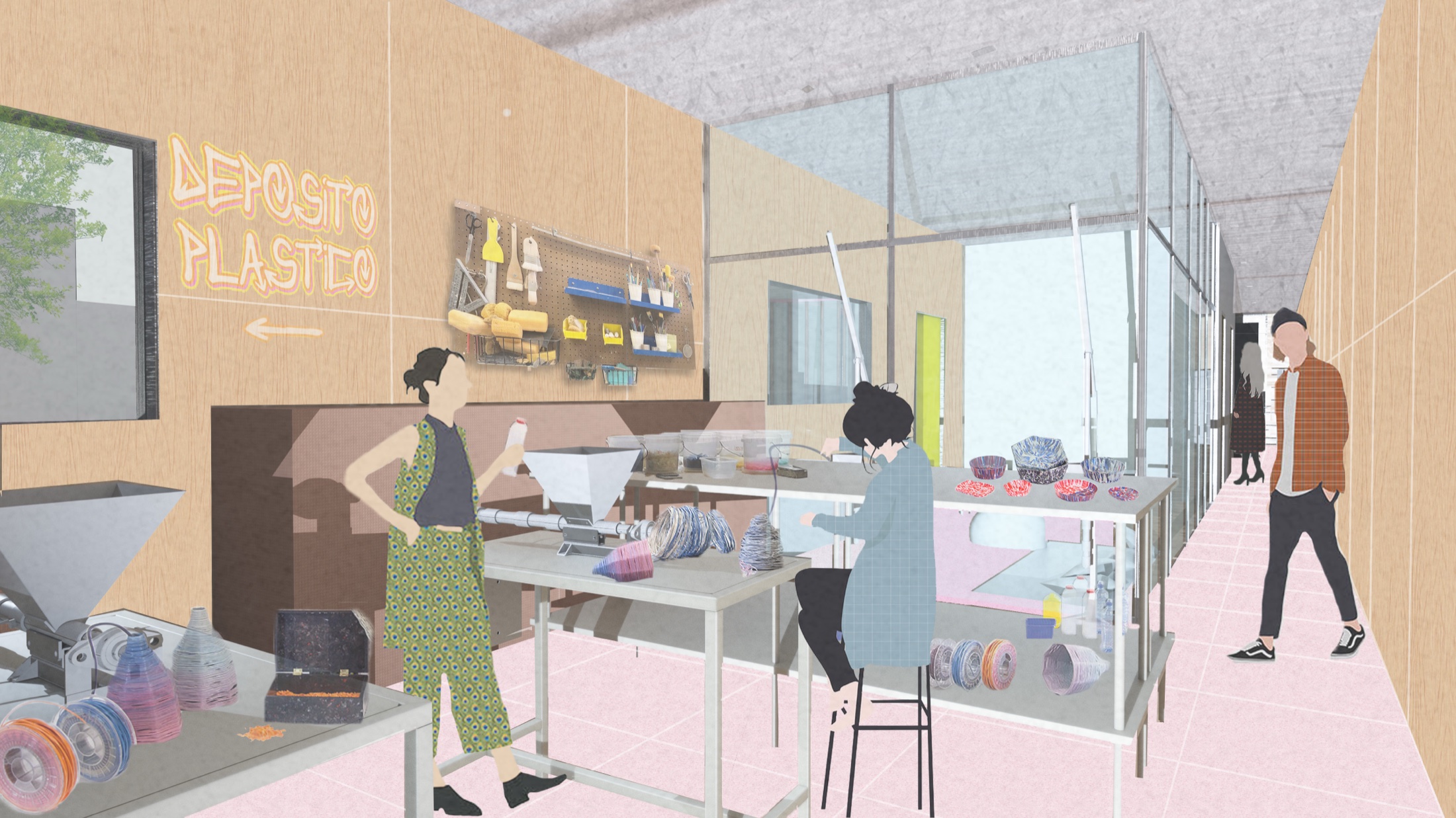Interior rendering of the workshop with people at the machines