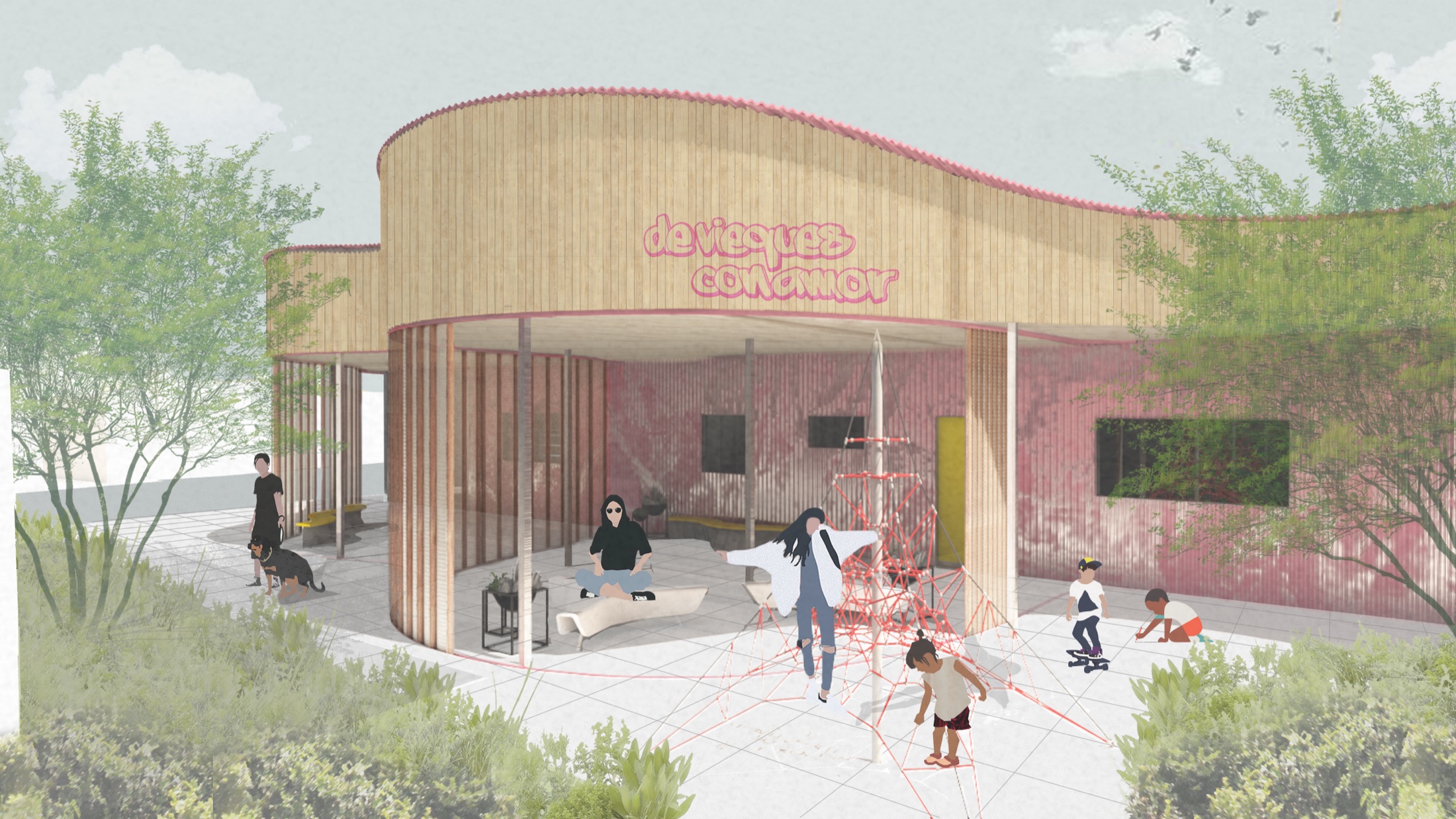 Rendering of the courtyard side of the hub with families
