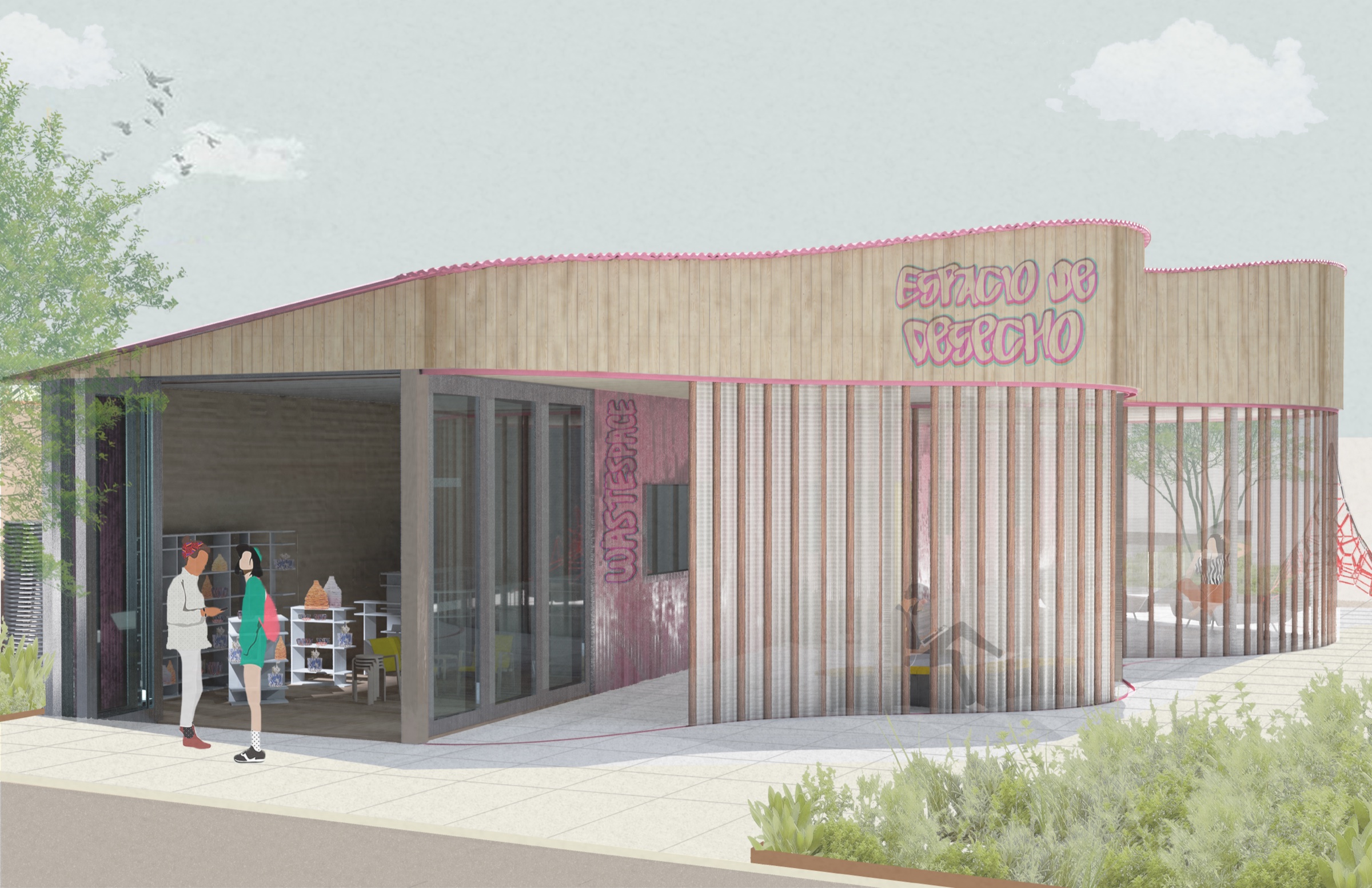 Rendering of the wastespace building, a timber shed with a pink sign